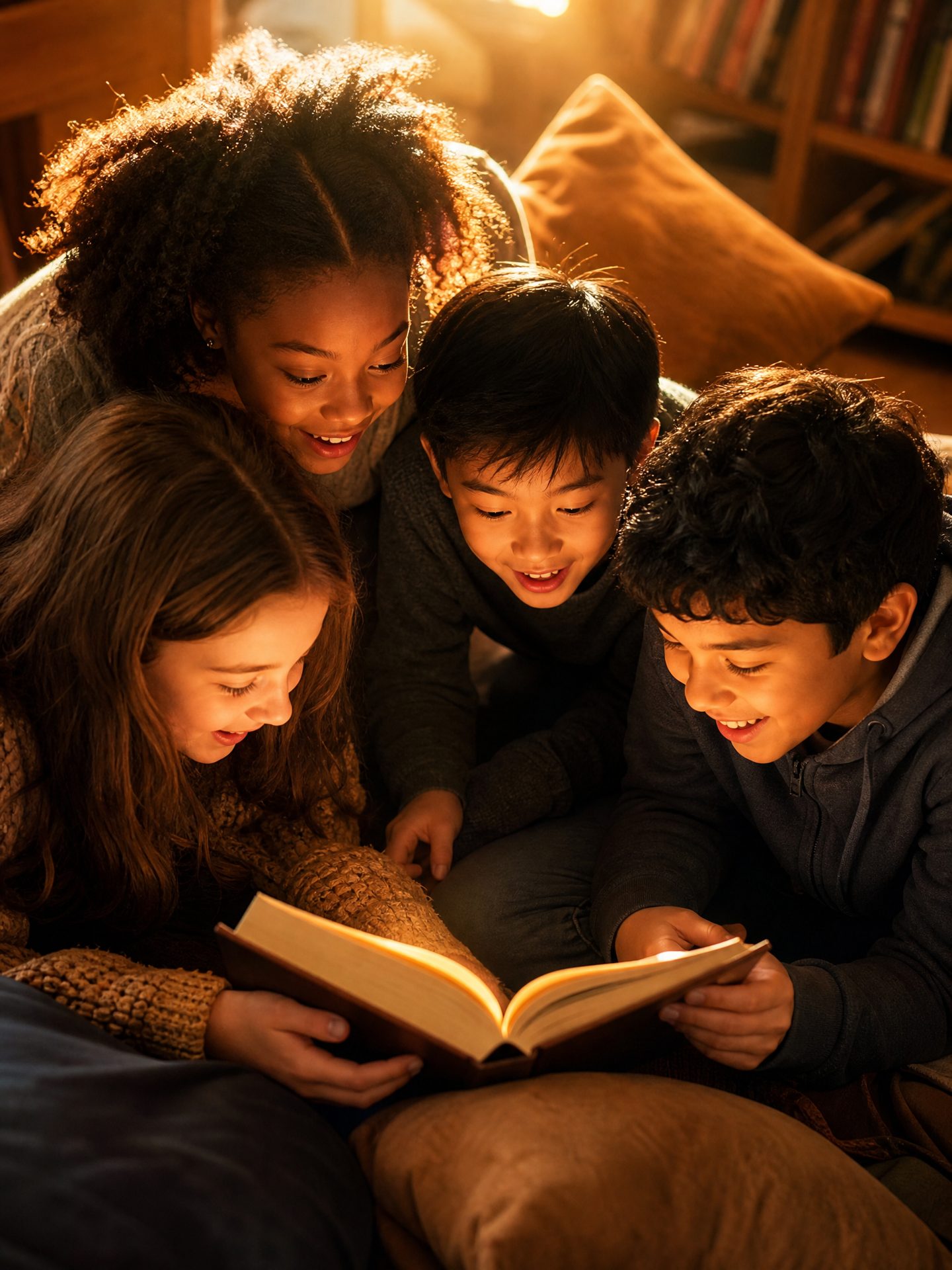 Four diverse children huddled together over a book with wonder and excitement in a cozy library corner