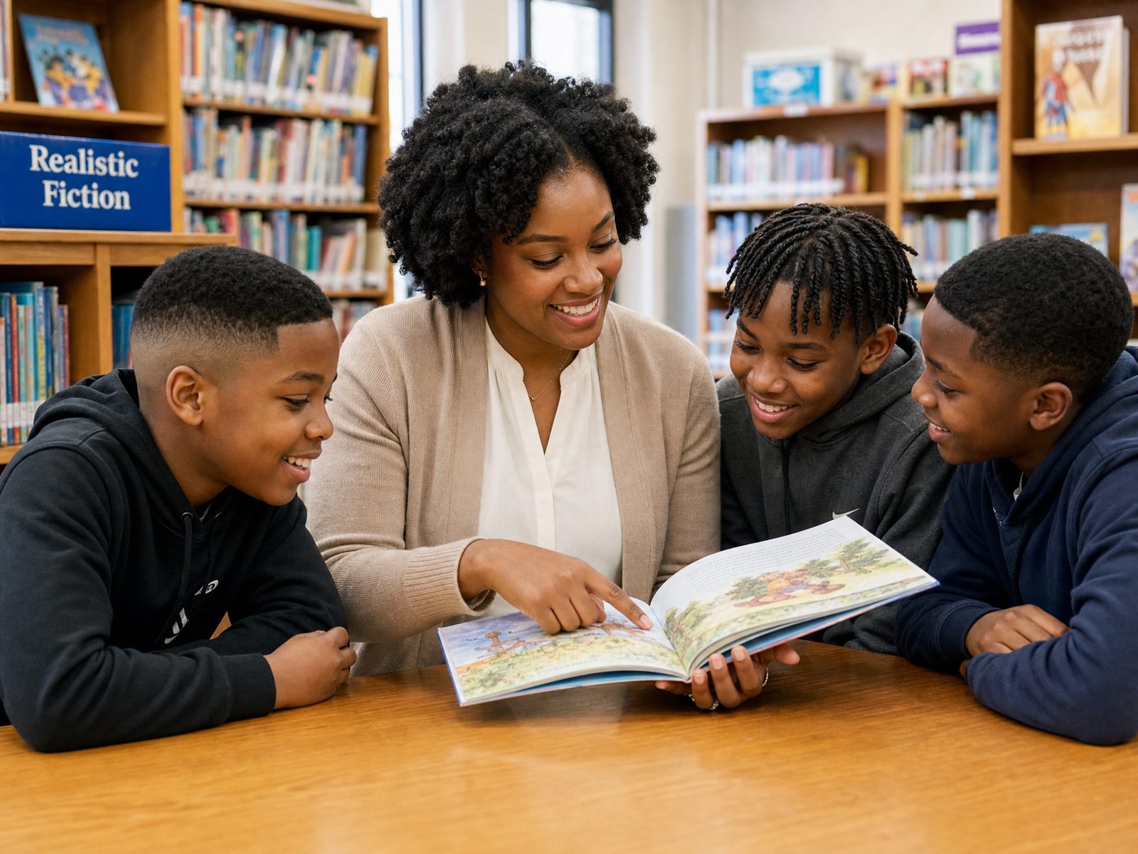 A Black woman mentor at a library table showing an illustrated book to three young Black boys who lean in with joyful curiosity