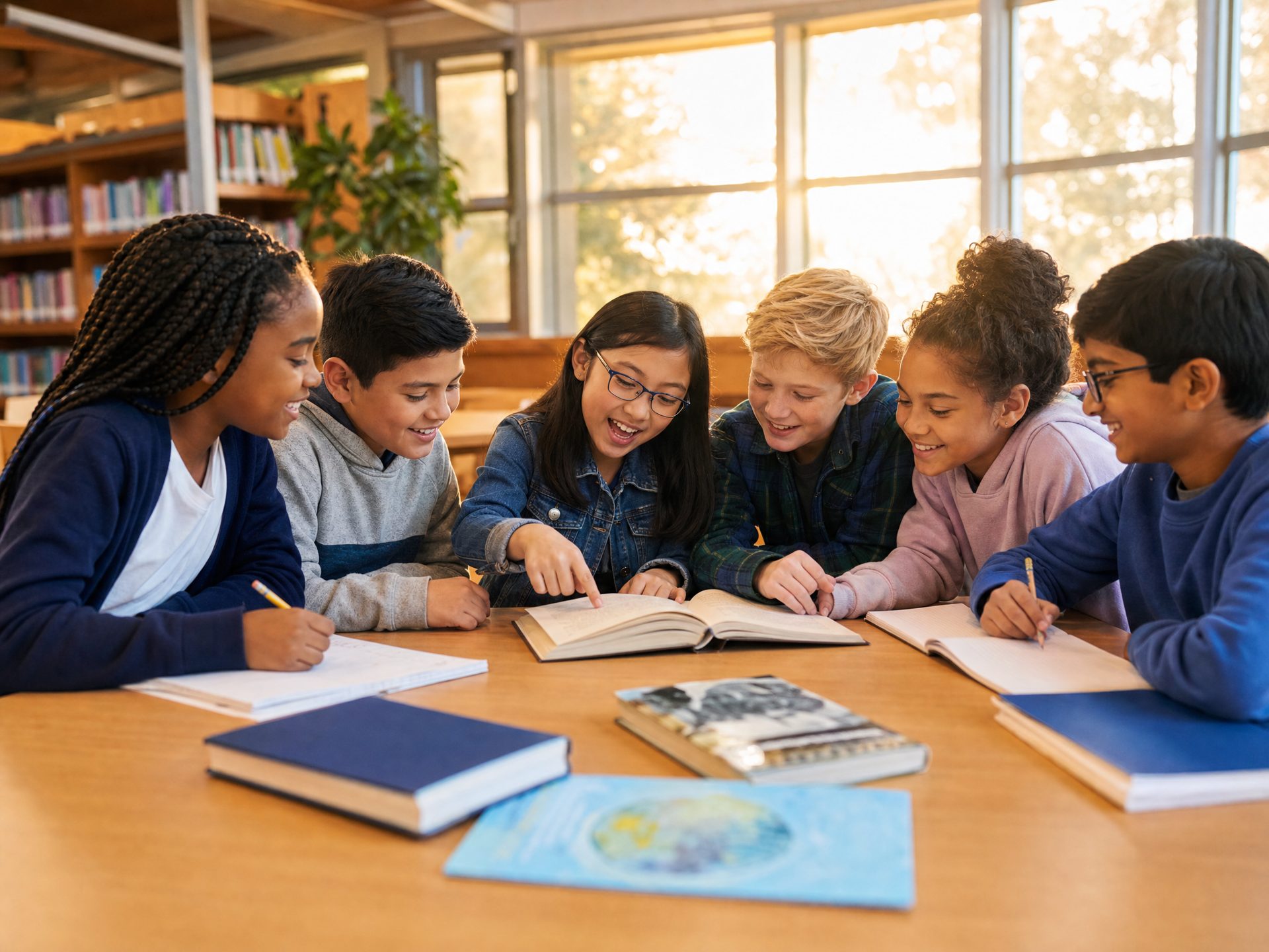 A diverse group of students collaborating over books and writing in a bright after-school library